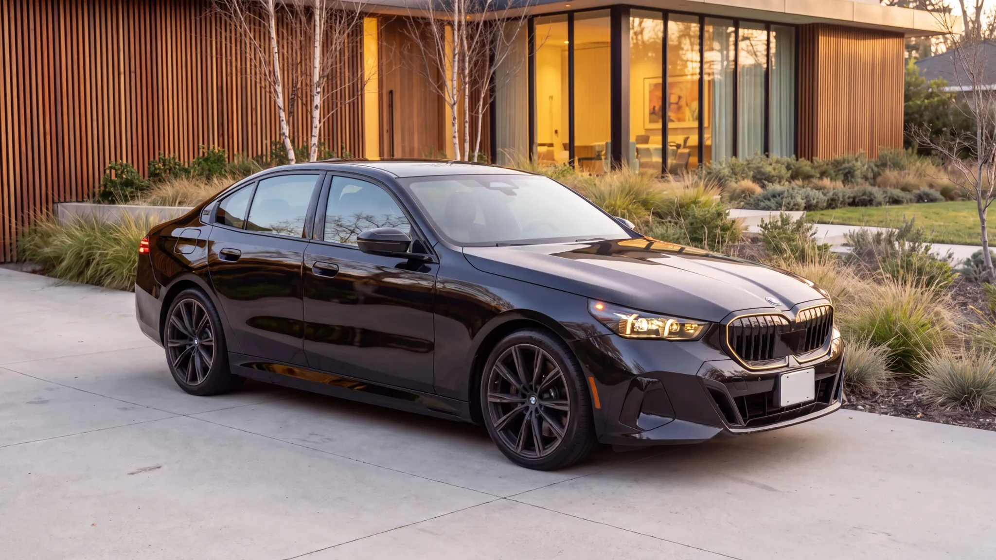 The BMW after detailing, mirror-gloss at golden hour